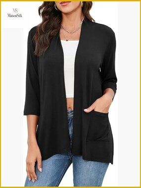 Lightweight 3/4 Sleeve Cardigan with Pockets Open Front Duster Large